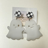 ACRYLIC EARRINGS || <BR> WHITE ACRYLIC GHOST WITH CHECKERED ACRYLIC STUD
